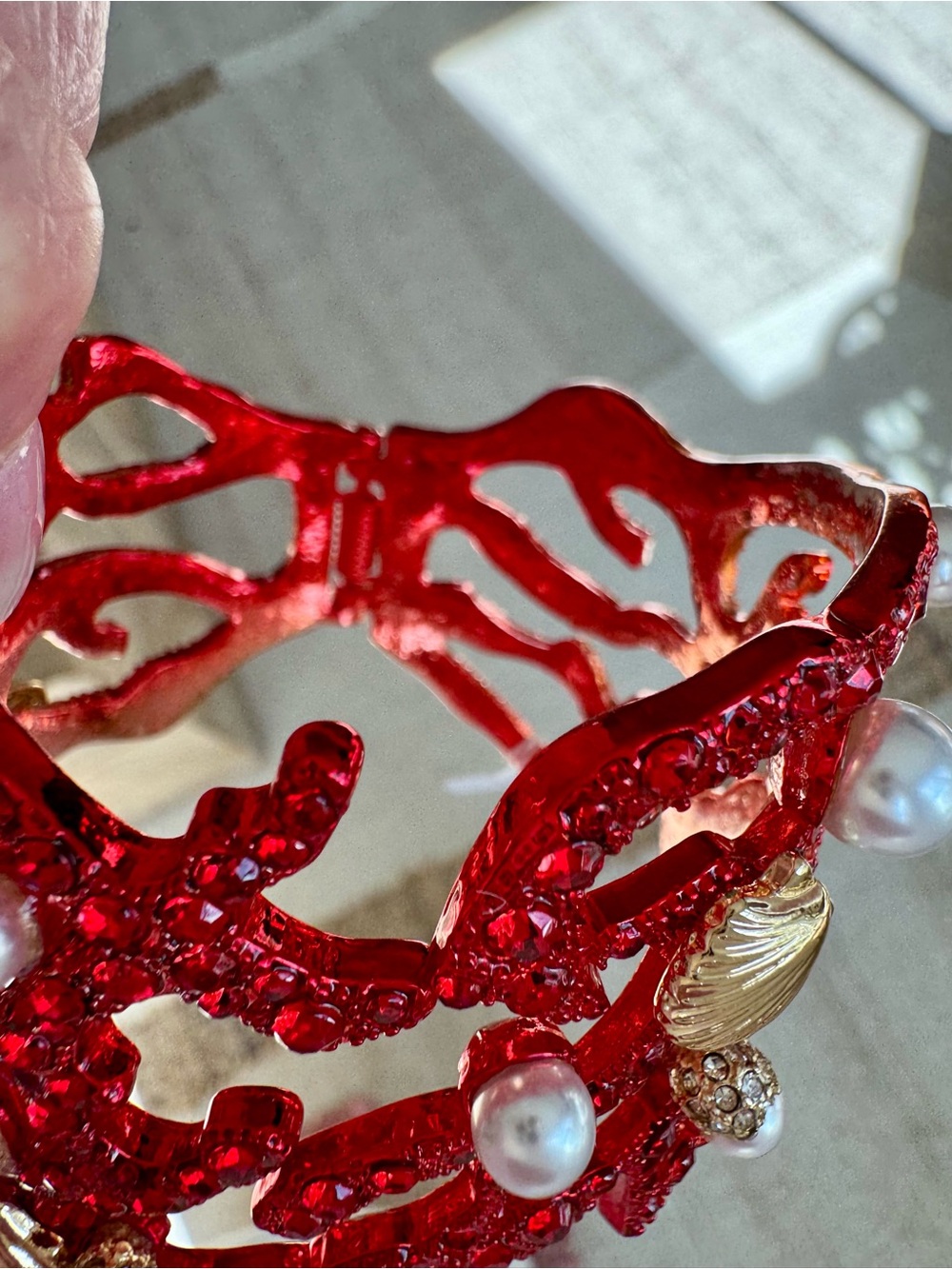 Betsey Johnson Red Crystal Coral Cuff with Faux Pearls & Gold Shells - Picture 5 of 6